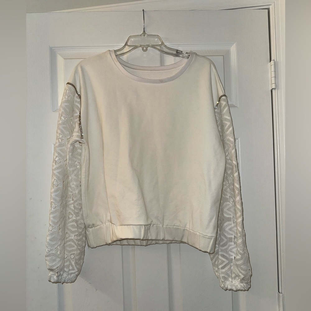 Boston Proper White Rhinestone and Lace Sweater!